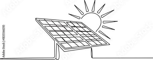 One line drawing of solar panel photovoltaic. Sunlight energy source. Green renewable energies concept. one line Icon drawing
