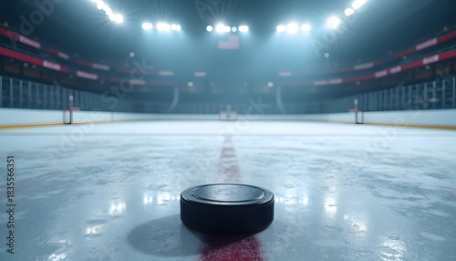 Hockey puck on ice in an empty arena with bright lights and a red center line