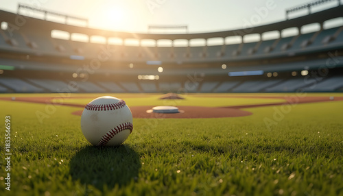 Baseball on the field with stadium in the background during a sunny day