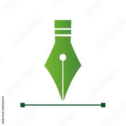 Green fountain pen nib creating a vector line with anchor points, graphic design symbol