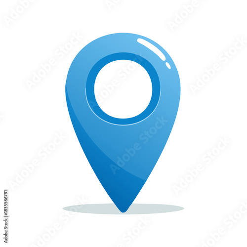 Stylized blue location pin illustration marking a point on map for directions and navigation