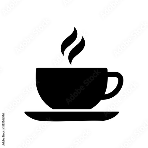 Black silhouette of a coffee cup with steam rising from a saucer