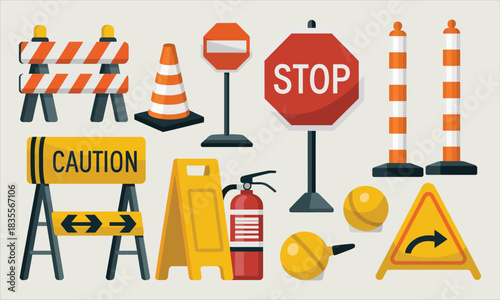 Various safety signs with barricades, caution signs, and traffic cones are visible here