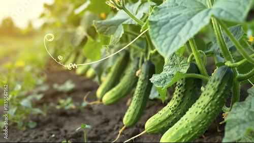 A row of fresh bumpy cucumbers ripening on a leafy vine in a sunlit garden with a delicate tendril spiraling in the foreground