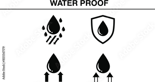 Waterproof icon set, water droplet, shield protection, moisture resistance, black symbols, product feature, flat vector illustration