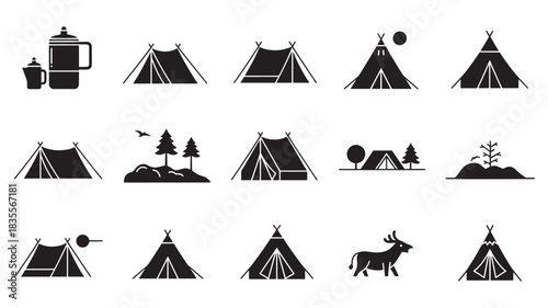 Camping Tents and Gear Icons in Black Silhouette
