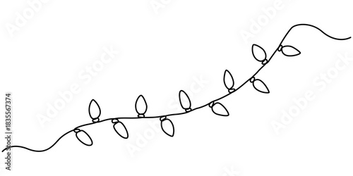 Christmas and new year string lights banner continuous one line drawing, in outline illustration minimalist white background. 
