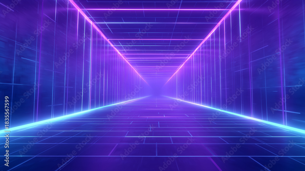 Fototapeta premium A vibrant tunnel features glowing neon lights in shades of purple and blue. The pathway leads into a misty distance, creating a sense of depth and futuristic ambiance