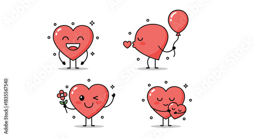 Set of four cute cartoon heart characters showing different emotions and actions, such as laughing, kissing, and holding a flower.