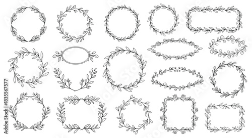 Collection of hand-drawn botanical wreaths and frames, featuring delicate leaves and branches in various shapes for elegant design projects.