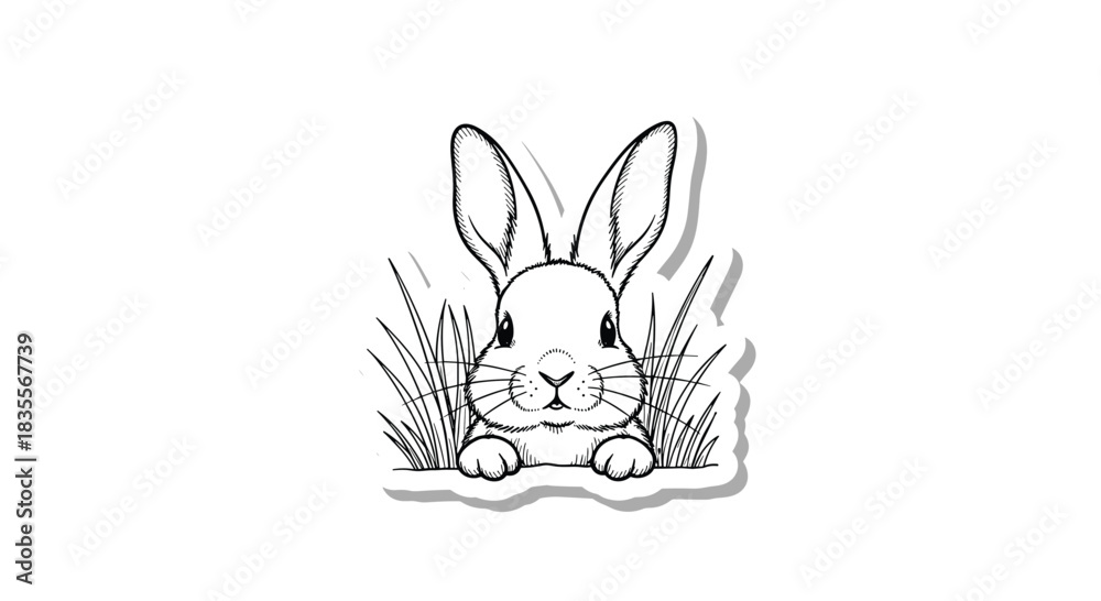 Obraz premium Adorable black and white hand-drawn sketch of a cute bunny peeking over blades of grass, designed to look like a sticker with a shadow.