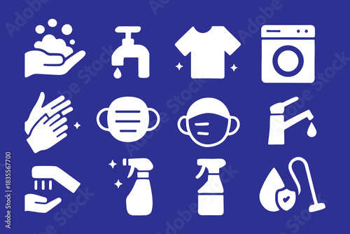 Hygiene Icon Set Cleanliness & Sanitation Symbols in Minimal White on Blue Design