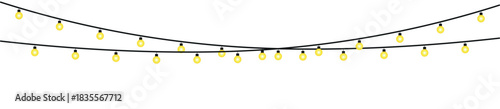 Two strands of string lights hanging against a white background in a vector illustration style , glowing holiday lights garland bulbs, twinkling fairy lights glow