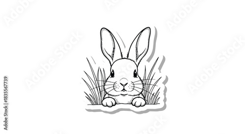 Adorable black and white hand-drawn sketch of a cute bunny peeking over blades of grass, designed to look like a sticker with a shadow.