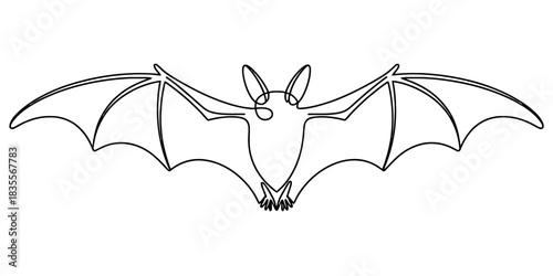 Continuous line drawing of a flying bat with open wings, minimalist black outline illustration of a mammal, creative icon or logo. Vector, illustration