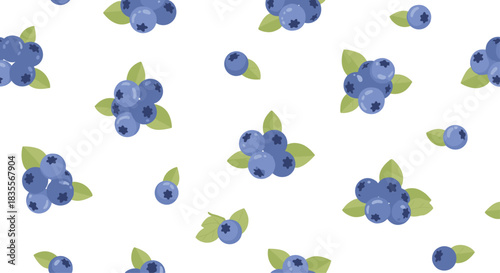 Simple and fresh seamless pattern of blueberries with green leaves, scattered across a clean and bright white background for a summer feel.