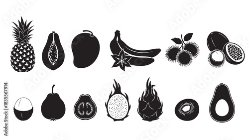 Set of tropical fruit icons black and white vector silhouettes perfect for healthy eating and summer designs