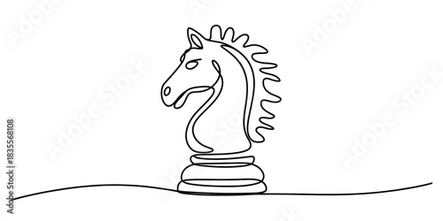 Single continuous line drawing of a chess knight piece, symbolizing strategy, intelligence, and classic board games, presented in a minimalist art style. Vector, illustration