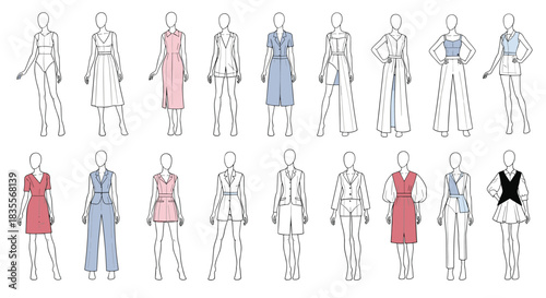 Collection of fashion design sketches showing various women's outfits on mannequins, with some garments highlighted in pink and blue.