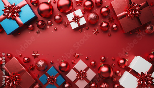 Christmas background with xmas tree and sparkle bokeh lights on red canvas background. Merry christmas card. Winter holiday theme. Happy New Year. Space for text