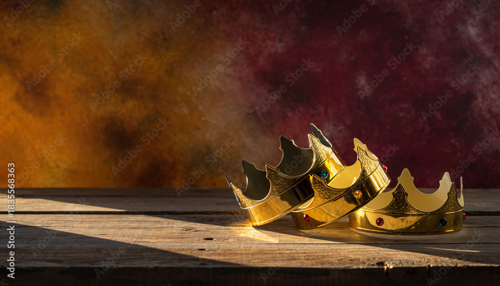 Fototapeta premium banner of Three gold crowns on blue background, symbol of Tres Reyes Magos ( Three Wise Men) who come bringing gifts for the kids on Epiphany or Dia de Reyes Magos, copy space