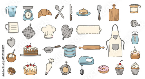 Large collection of colorful hand-drawn baking and kitchen equipment doodles, including a mixer, rolling pin, apron, and delicious cakes.