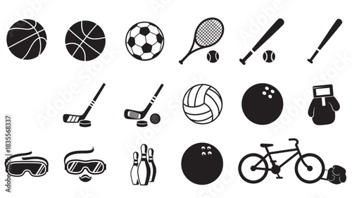 Set of sport equipment icons simple black and white vector glyphs for sports and recreation design isolated on white background