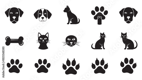 Set of minimalist dog and cat icons simple flat vector design elements isolated on white background for web and mobile apps