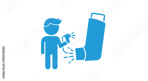 Simple blue pictograph icon showing a person using a nebulizer, with spray directed toward a large symbol of an asthma inhaler.