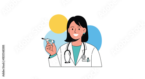 Friendly female doctor wearing a lab coat and stethoscope, smiling while holding a digital thermometer, set against abstract color circles.