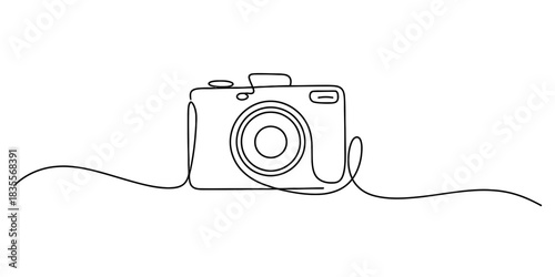 Continuous line art illustration of a minimalist camera, representing photography, visual creativity, and modern digital imaging concepts. Vector, illustration