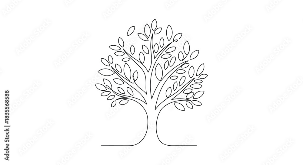 Obraz premium Beautiful continuous one-line drawing of a tree with a full, leafy canopy, symbolizing nature, life, and ecological harmony in a simple design.