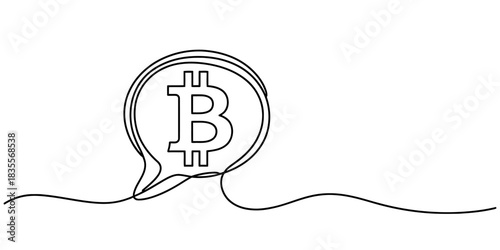 Continuous line drawing of a bitcoin symbol in a speech bubble, illustrating cryptocurrency discussion, digital finance and blockchain. Vector, illustration