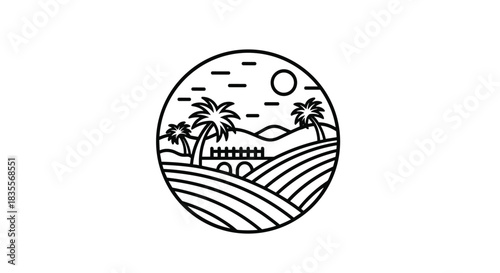 Minimalist circular line art logo depicting a serene landscape with palm trees, rolling hills, a bridge, and the sun in the sky.