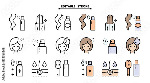 Refreshing Hair Wash color Icons Set. Editable stroke. Deep Scalp Cleansing and Hydration. Using dry shampoo signs. Woman health hair care symbols. Vector signs set for web design isolated on white ba