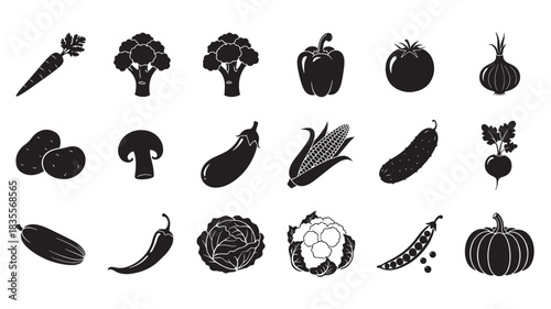 Black and white vegetable icon set simple flat vector glyphs for healthy eating and organic food design isolated on white background