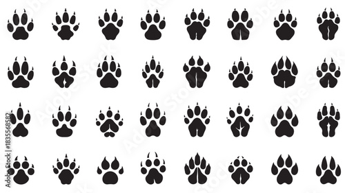 Collection of animal paw print icons vector silhouette illustrations isolated on white background for wildlife and tracking designs