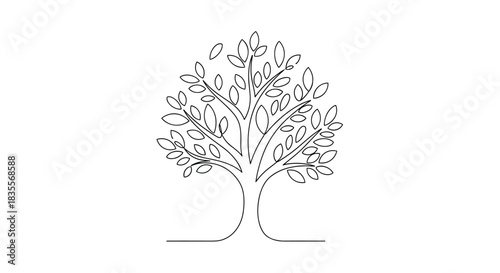 Beautiful continuous one-line drawing of a tree with a full, leafy canopy, symbolizing nature, life, and ecological harmony in a simple design.