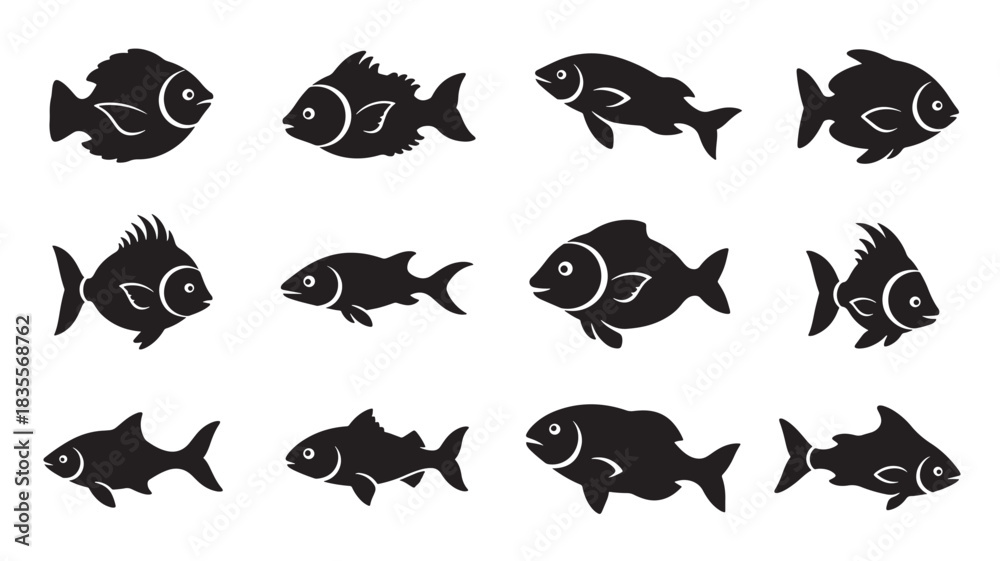 Naklejka premium Set of fish icons black silhouette vector illustration simple flat design elements for logo and graphic design isolated on white background
