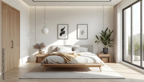 Luxury interior design of a contemporary double hotel bedroom with comfortable pillows, wall decor, and window light