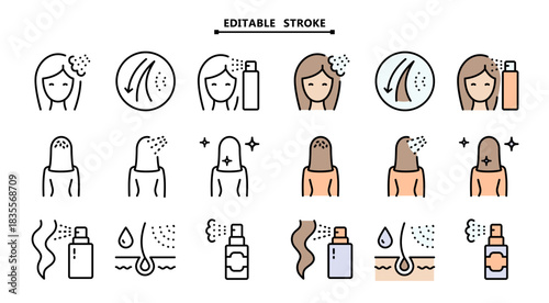 Refreshing Hair Wash color Icons Set. Editable stroke. Deep Scalp Cleansing and Hydration. Using dry shampoo signs. Woman health hair care symbols. 