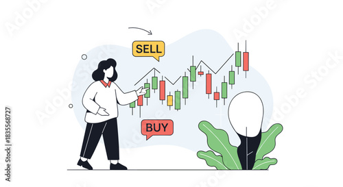 Financial concept illustration showing a businesswoman analyzing a stock market candlestick chart, making decisions to buy or sell for investment growth.