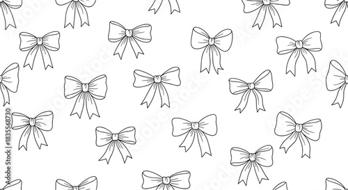Seamless black and white pattern with beautifully hand-drawn ribbon bows, creating a classic and elegant background for gift wrap or textiles.