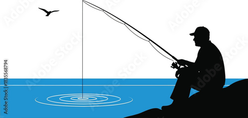 Silhouette of a fisherman casting a line into the ocean from a rocky shore with a bird flying overhead at sunrise or sunset peaceful hobby outdoors activity isolated on white background