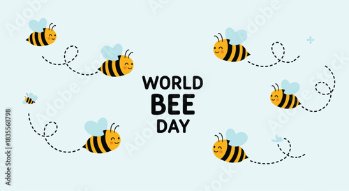 World Bee Day celebration banner featuring a swarm of cute, smiling cartoon bees with dotted flight paths on a pastel blue background for awareness.