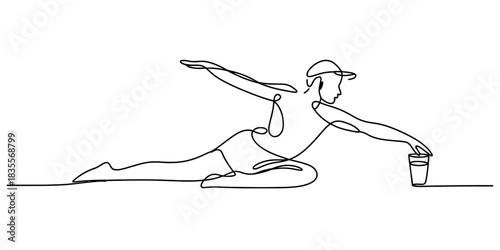 One continuous line drawing of a person in a dynamic pose, reaching for a glass of water, symbolizing hydration, wellness, and healthy lifestyle. Vector, illustration