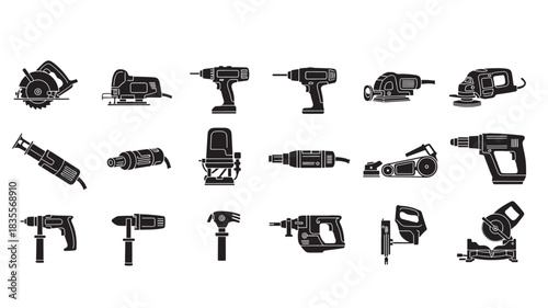 Set of power tool icons simple black glyph vector design isolated on white background for construction and repair services