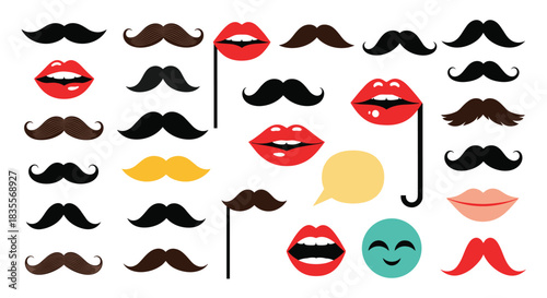 Fun collection of colorful photo booth props including various mustaches, red lips on sticks, a speech bubble, and a smiley face for party fun.