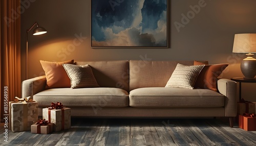 Contemporary living room interior design featuring a comfortable sofa, modern furniture, light, and design elements in a luxury home