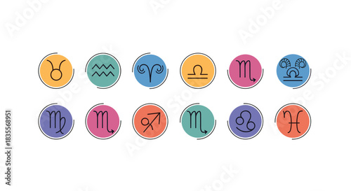 Complete set of twelve colorful zodiac sign icons, each astrological symbol rendered in a simple line style inside a hand-drawn circular frame.